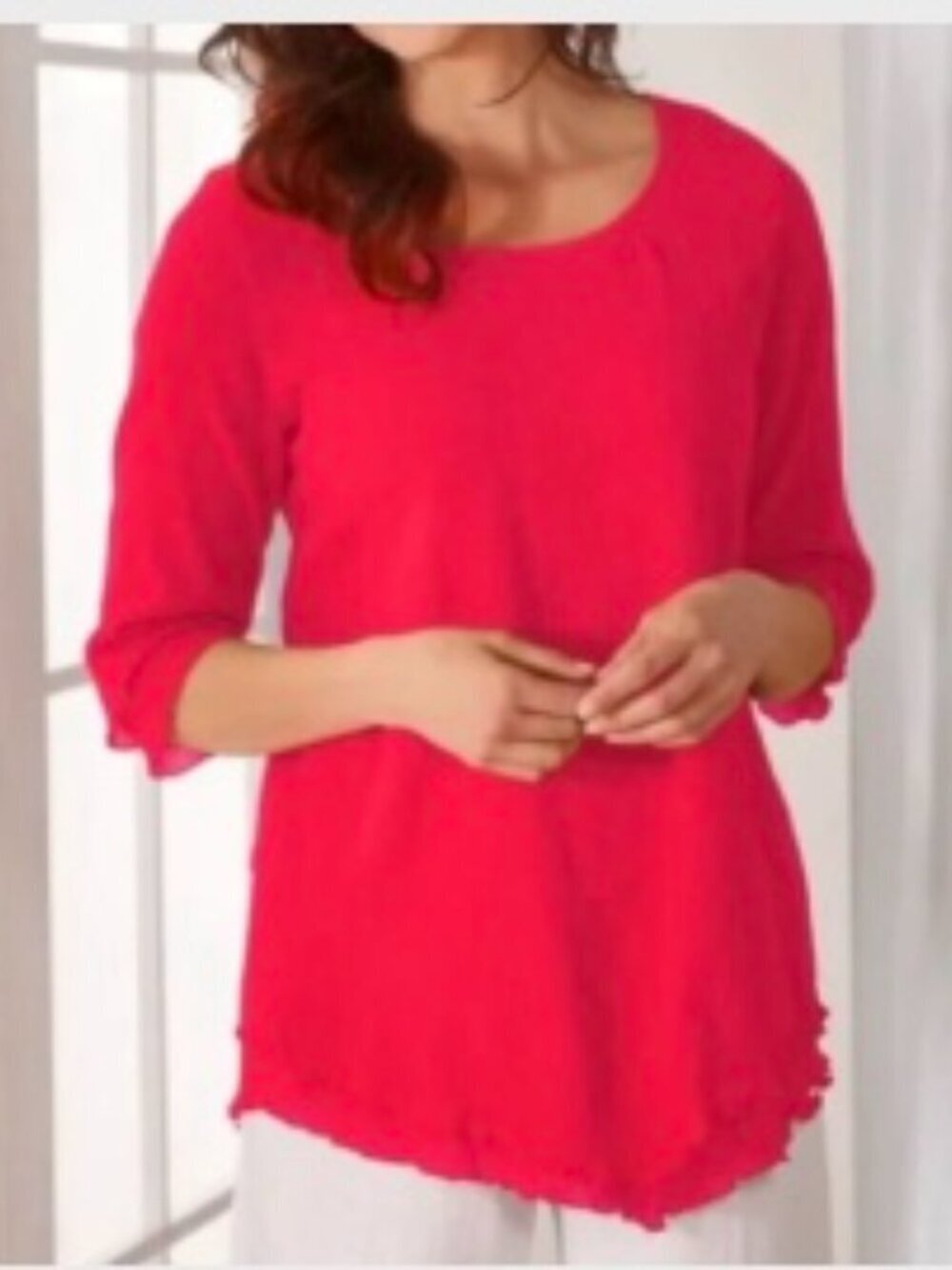 Soft Surroundings Red Tunic Sz L Gauze Cotton Siesta Key Coastal Grandma